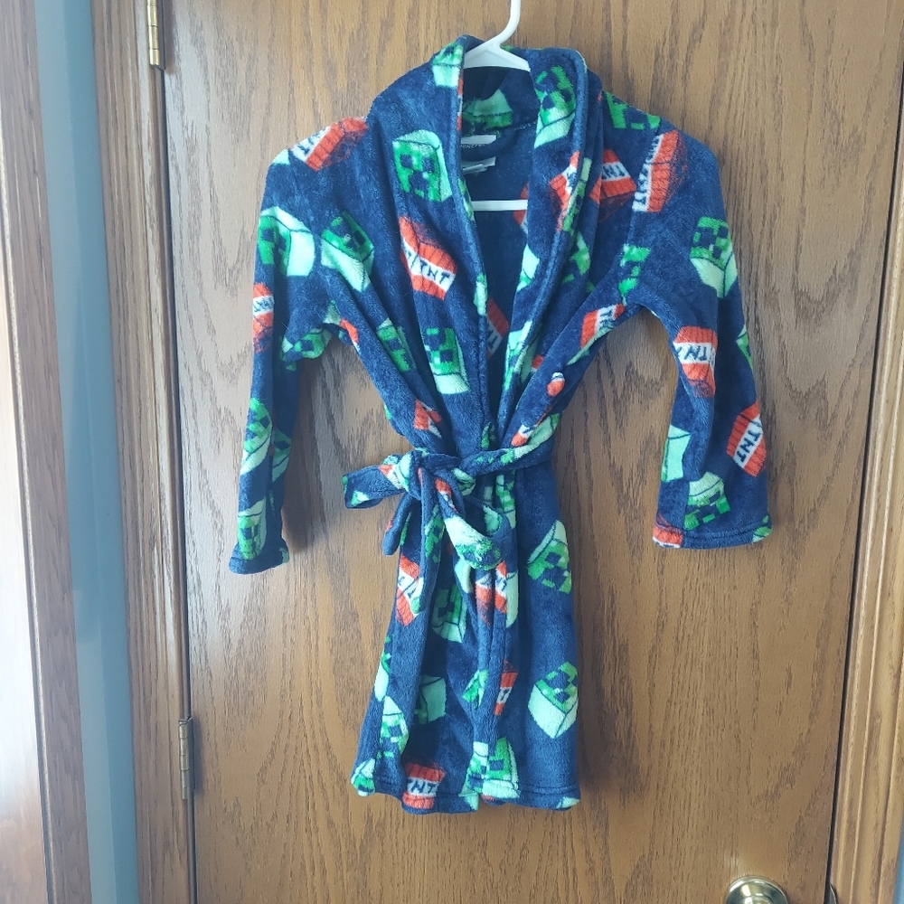 Minecraft Kids Fleece Robe Size S/P Blue Creeper TNT Pajama Bathrobe Gaming